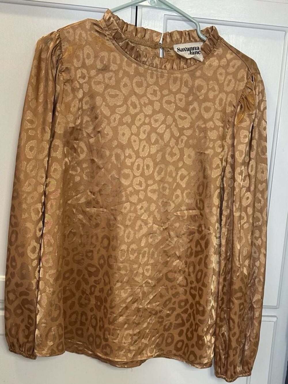 Savanna Jane Leopard Print Satin Jacquard Ruffle Long sleeve Neck Blouse M